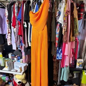 Vibrant Orange One-Shoulder Pleated jumpsuit